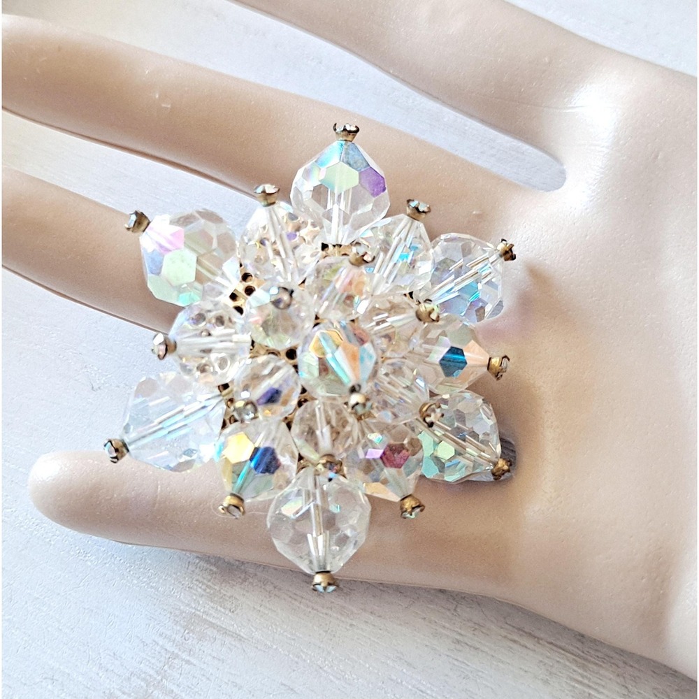 Vintage Sparkling Aurora Borealis Brooch: Faceted Beads Rhinestones Mid Century